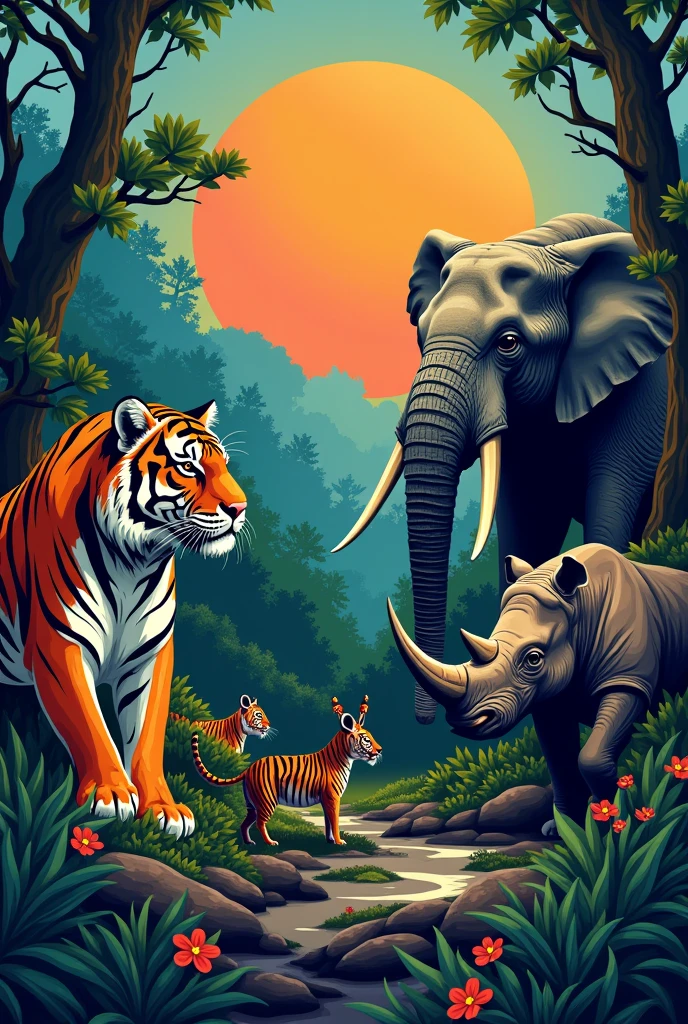 Make a poster on the topic 'save the wild animals'. Make it attractive using slogans, picturs and colour