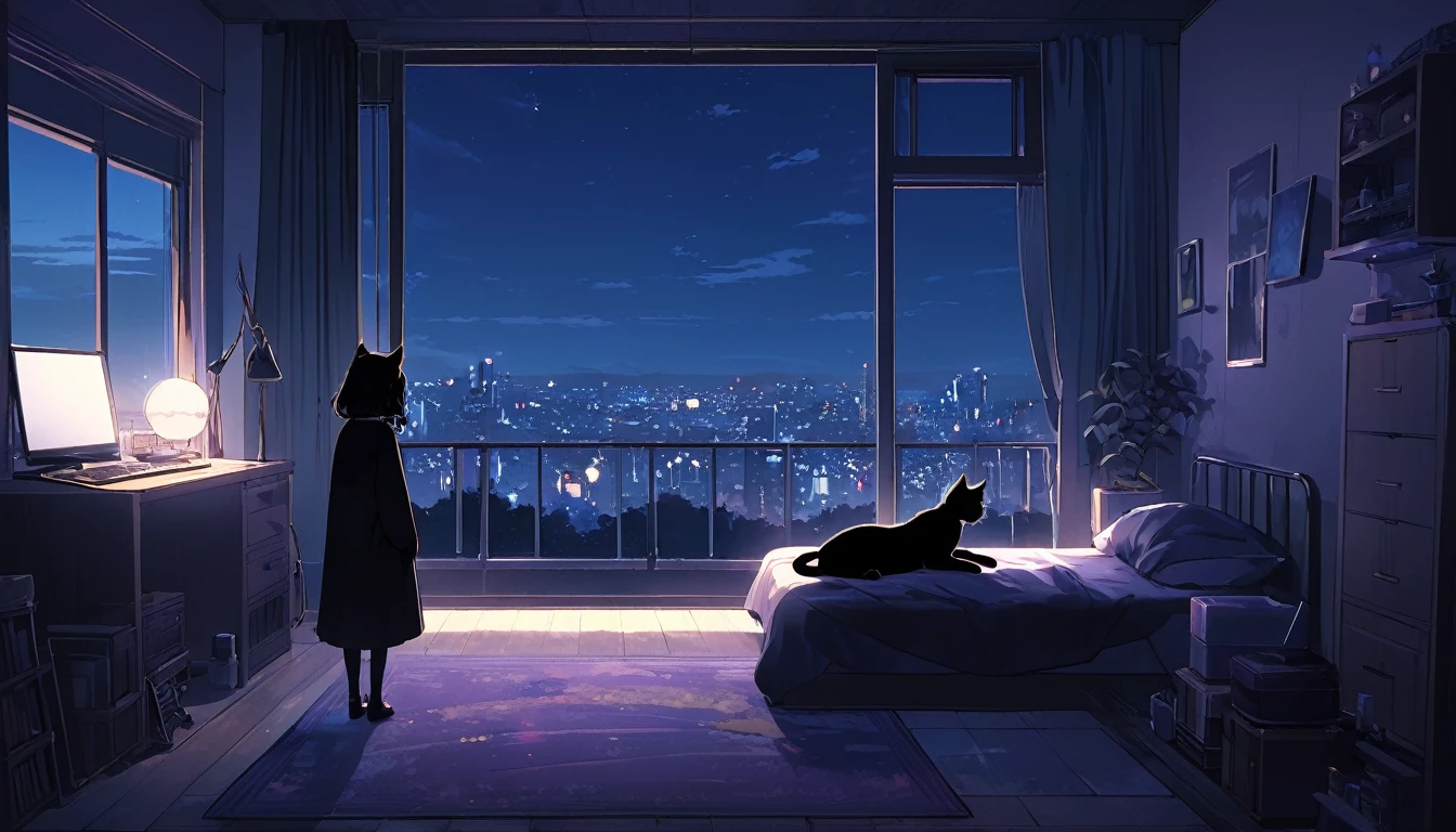 night、for sleeping、Highest quality、Inside the room、Sleeping girl、ephemeral、There is always a black cat somewhere in the room looking outside、Lofi Music、Fantasy、to become sad、relax、Healing、The room is dark、Outside view from the window、The background is a large proportion、Dark Room、beautiful girl、Too much exposure、Darker、Dobo Dabo T-shirt、Only pants underneath