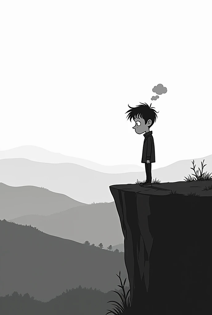 Edge of a hill in black and white in cartoonist way with a sad man missing his mother in his thought