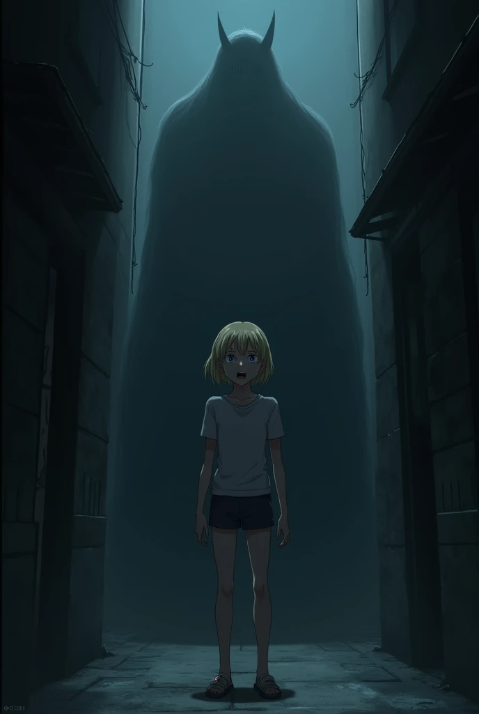 Lila, a pale, frightened young woman with short blonde hair, is shown standing in a dark alleyway, her eyes wide with terror. In the background, a shadowy, monstrous figure looms ominously, its features obscured but its presence menacing. Lila is on the verge of collapsing, her body tense and her face twisted in fear. The scene is dark and foreboding, with deep shadows and a sense of imminent danger. Cinematic scene, anime style.