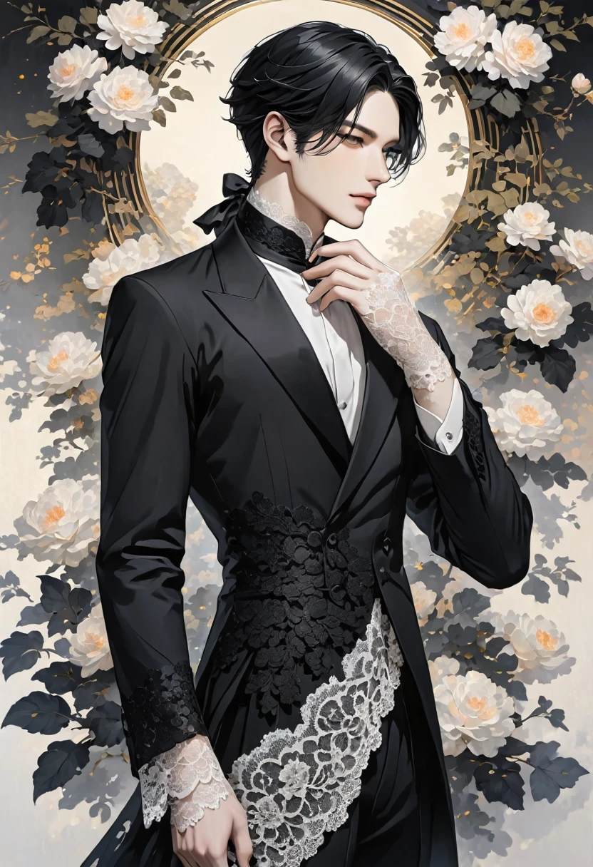 Elegant pale man, black clothes, lace on hands, black hair Man 