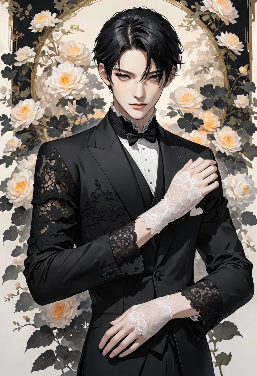 Elegant pale man, black clothes, lace on hands, black hair Man 