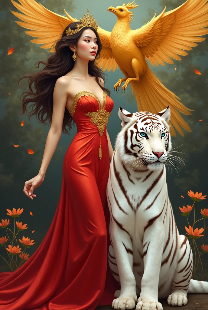 A painting of a beautiful Thai woman. She is wearing a red and gold dress with a sexy design, which fits her figure perfectly. Her hair is flowing down, her shoulders are beautiful, and she exudes an air of confidence. Beside her is a large white tiger sitting, with pure white fur and beautiful blue eyes, and a long and charming tail. The tiger looks graceful and friendly, like a friend who protects the woman. Above her head is a beautiful phoenix, its body is shining gold, and its wings are wide and fully opened. It flies above her head, as if sending energy and good luck to the woman.