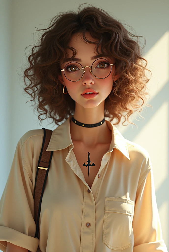 Based on your description, here is a mental image: you have curly brown hair, that gives a natural and light touch to your look. Her brown eyes match her style well., that is relaxed and cool, com roupas oversized de "summer vibes", like loose button-down shirts and Converse sneakers. with 1,75m de altura, You attract attention with a modern and authentic look. The geek touch comes from the tattoo of a Zelda sword on the neck, while the round glasses, in a Harry Potter style, complete your look with personality and intellectual charm.