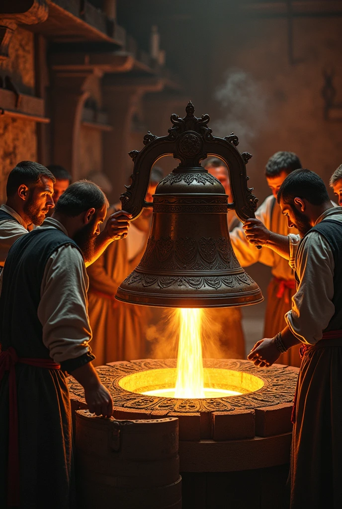 Create a medieval scene showing a molten metal poured into a mold to form a beautyfull bell showing teamwork perseverance and sacrifices