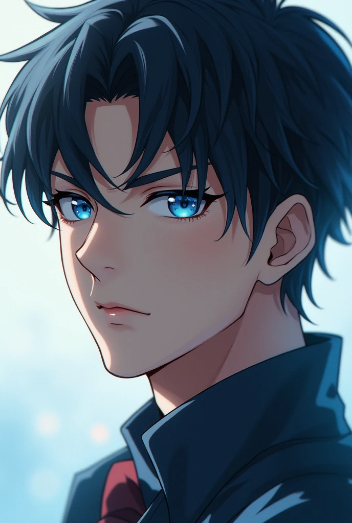 A handsome anime man with dark hair and ocean eyes