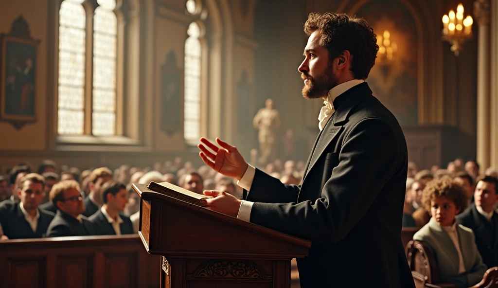 A 20 year old boy, Charles Spurgeon preaching in a church in England, in the 1800s