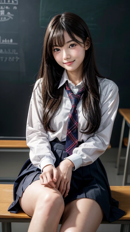 High resolution, Super detailed, Realistic, 1 beautiful Japan schoolgirl, Highly detailed beautiful face, Straight hair, Medium Black Hair, Beautiful feet, A light smile, school uniform, classroom