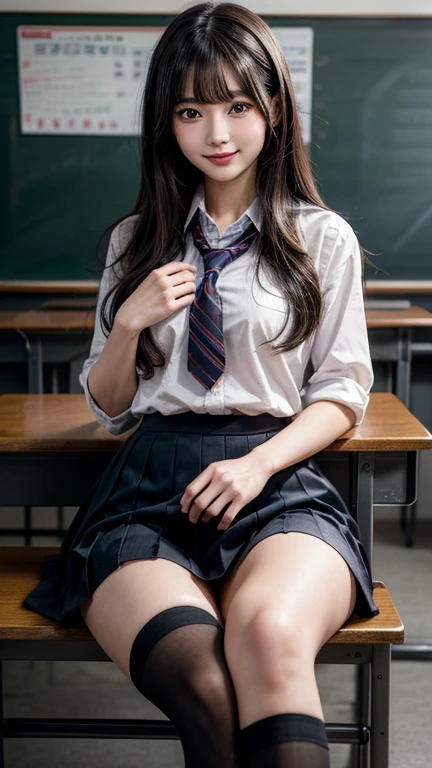 High resolution, Super detailed, Realistic, 1 beautiful Japan schoolgirl, Highly detailed beautiful face, Straight hair, Medium Black Hair, Beautiful feet, A light smile, school uniform, classroom