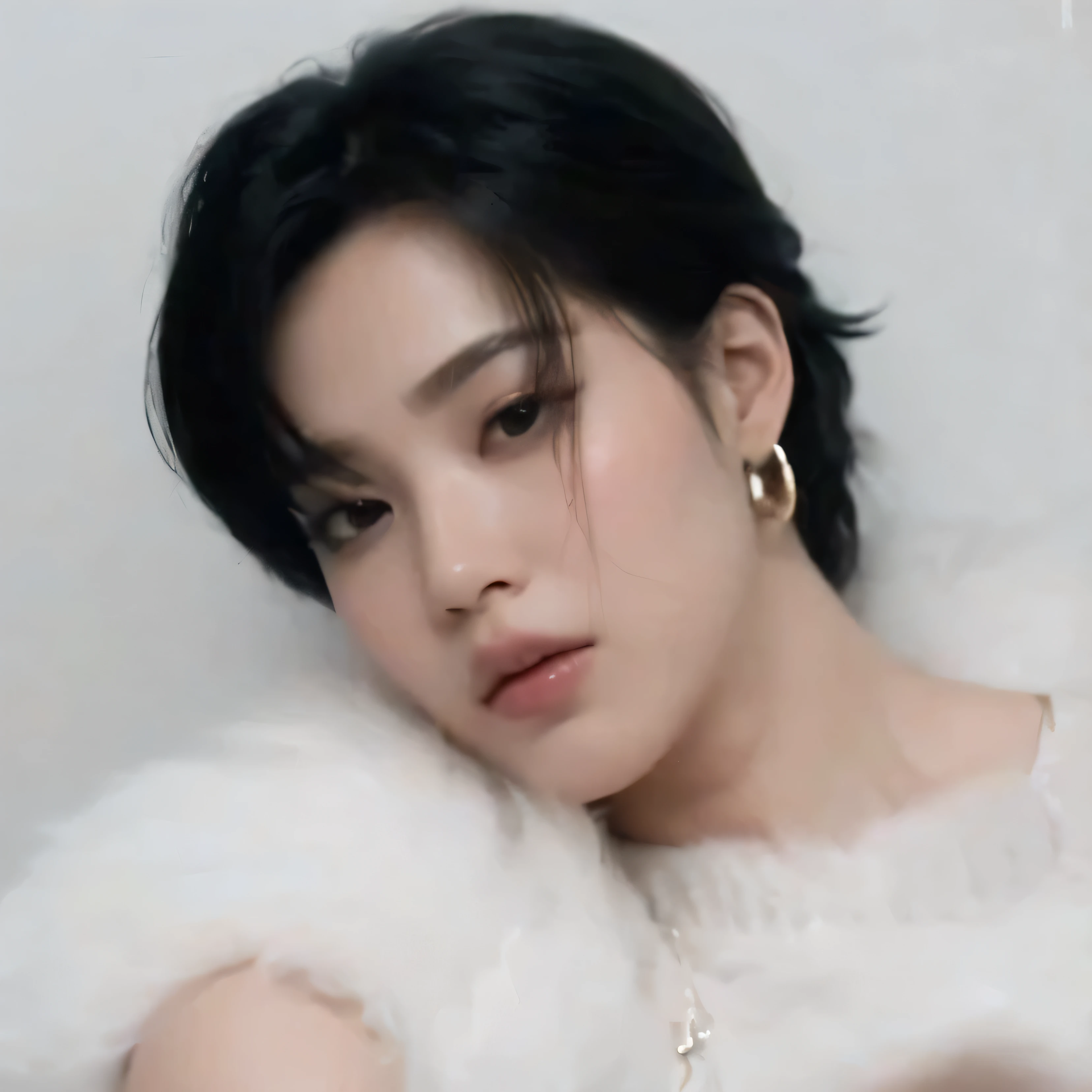 A close-up of a person wearing a white sleeveless shirt, Jimin\full lips, Jimin\the right eyelid is swollen. Park Jimin's precise face, Jimin\greek nose, Jimin\tender face, Jimin from btsHigh resolution,