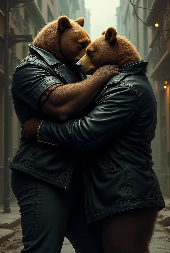 Big wide mafia bear in leather jacket with sleeves kissing a mafia bear