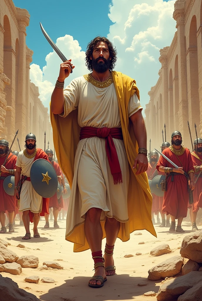 Comic style wallpaper in 4K: Joshua, the biblical leader, depicted in a realistic comic style. He wears a linen tunic with gold edges., reflecting ancient Hebrew clothing. Joshua está armado con una espada corta de hierro en una mano y un shofar (ram&#39;s horn trumpet) in the other. He is pointing towards the walls of Jericho, that are shown collapsed and in ruins. Behind him, An Israeli army is seen in formation, with soldiers dressed in similar tunics and armed with swords, spears and shields. The background features a desert landscape with fallen walls and debris visible.. The design should capture a vibrant and dynamic style, with vivid colors and exaggerated details, highlighting the determination, el coraje y la fe de Joshua en un contexto épico.