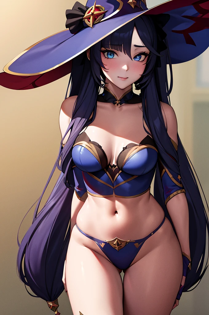 mona, blue eyes, hair between eyes, twintails, very long hair, purple hair, hat, (small breast:1.2, big hips:1.2), witch hat, , (full body), (masterpiece), (best quality), ultra high res, ultra detailed, detailed eyes, intricate, 1girl, looking at viewer, collarbone, ((big hips, tight clothes, cleavage, looking at the viewer)), (abs:0.8), blushed, (realistic:1.2), (realism), (masterpiece:1.2), (best quality), (ultra detailed), (8k, 4k, intricate), (85mm), light particles, lighting, (highly detailed:1.2), (detailed face:1.2), (gradients), colorful, (detailed eyes:1.2), (detailed background), detailed landscape, (dynamic angle:1.2), (rule of third_composition:1.3), (Line of action:1.2), seducing pose,