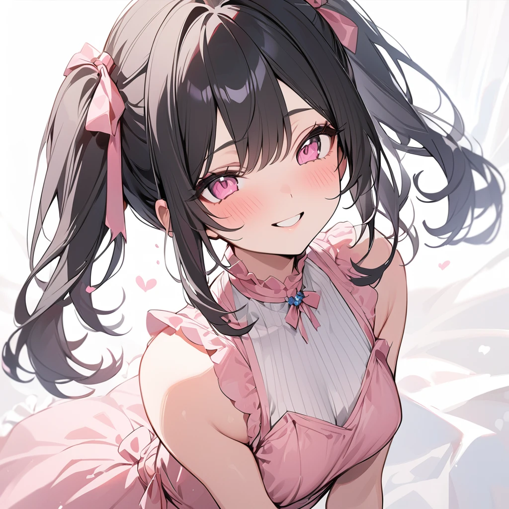 Girl、cute、High Quality、Delicate lines、White background、Black Hair、Twin tails、Pink Eyes、Black and pink dress、smile、masterpiece、High Quality、