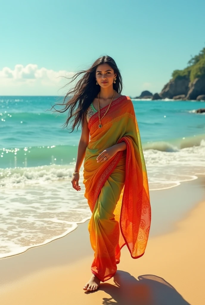 കടൽ തീരത്ത് കൂടി നടക്കുന്ന നല്ല സാരി ഉടുത്ത മലയാളി യുവതി 