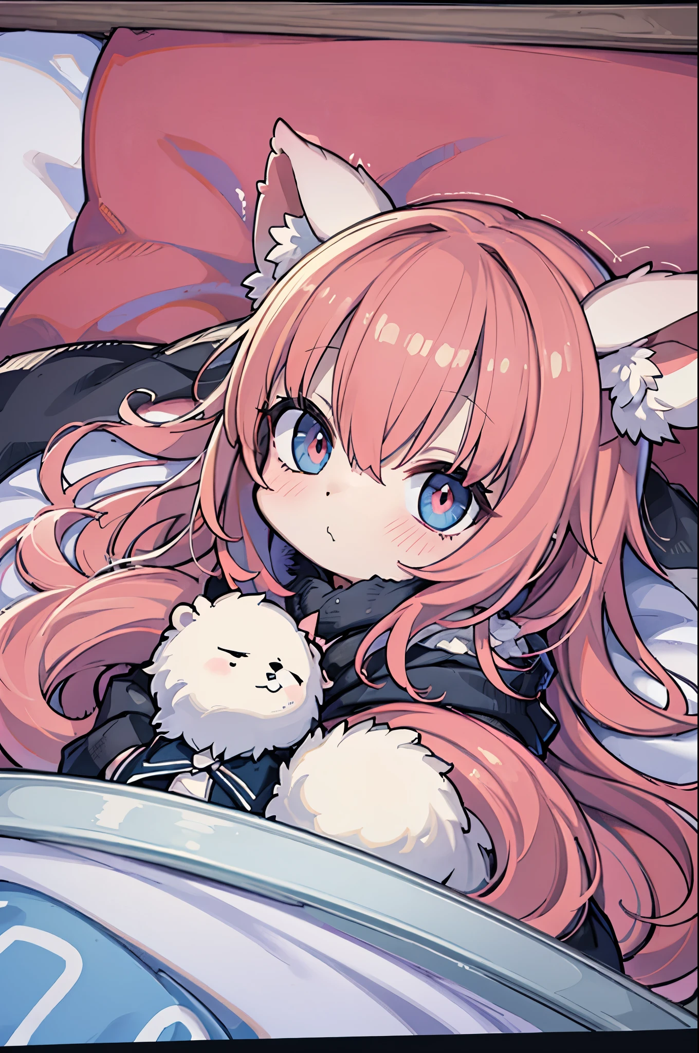 Animated cartoon character lying in bed with teddy bear and pillow, Little, Little Art, Advanced Digital Little Art, upon, Cute Anime, Zerochan Art, Painted in an anime artist&#39;s studio, Anime Chibi, High quality fan art, Little Anime, Sleeping Princess!!!!, Created by Anime Painter Studio, Pixiv, ah, In Pixiv, Official Fan Art, Lying in bed, Sleepy look, A slightly embarrassed smile, Sleeping in bed with a happy face