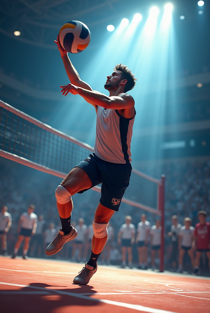 

Visualize the classic volleyball, with its white and blue panel design, Just a bright ray falls down from the top touching the ball and giving more energy Right below the ball, A male player prepares to finish by jumping The player, dressed in a sports shirt and shorts, has a dynamic posture, with one foot forward and the other pushing off the ground. His arms are raised, ready to hit the ball with energy. The expression on his face denotes concentration and determination.. Around it, You can see a volleyball court with a net and a lively crowd in the background, who watches with expectation. 

The contrast between the player&#39;s calm and the lightning&#39;s energy creates an exciting and action-packed scene.. And in the background let the text be " WELCOME TO THE RAYOS TEAM"