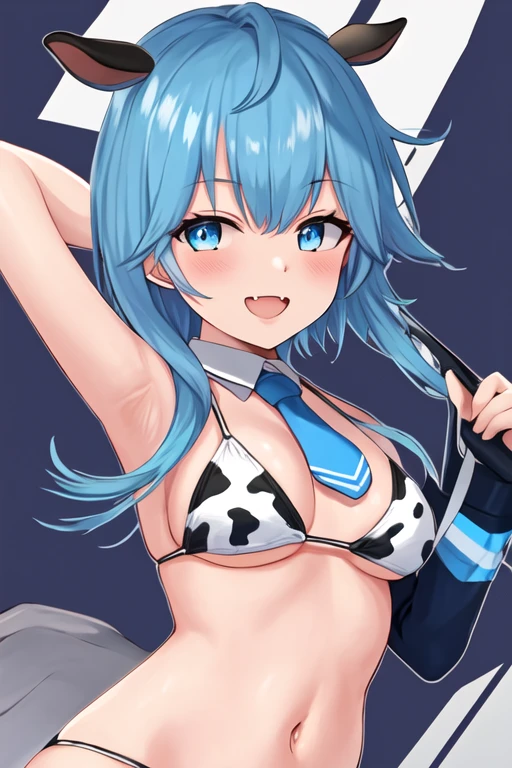 best quality, masterpiece, highres, solo, {minazuki_kantaicollection:1.15}, bikini, (cow print bikini), close-up, blue_hair, blue_eyes, asymmetrical_hair, short_hair_with_long_locks, open_mouth, smile, blush, crescent, necktie, blue_necktie, crescent_pin