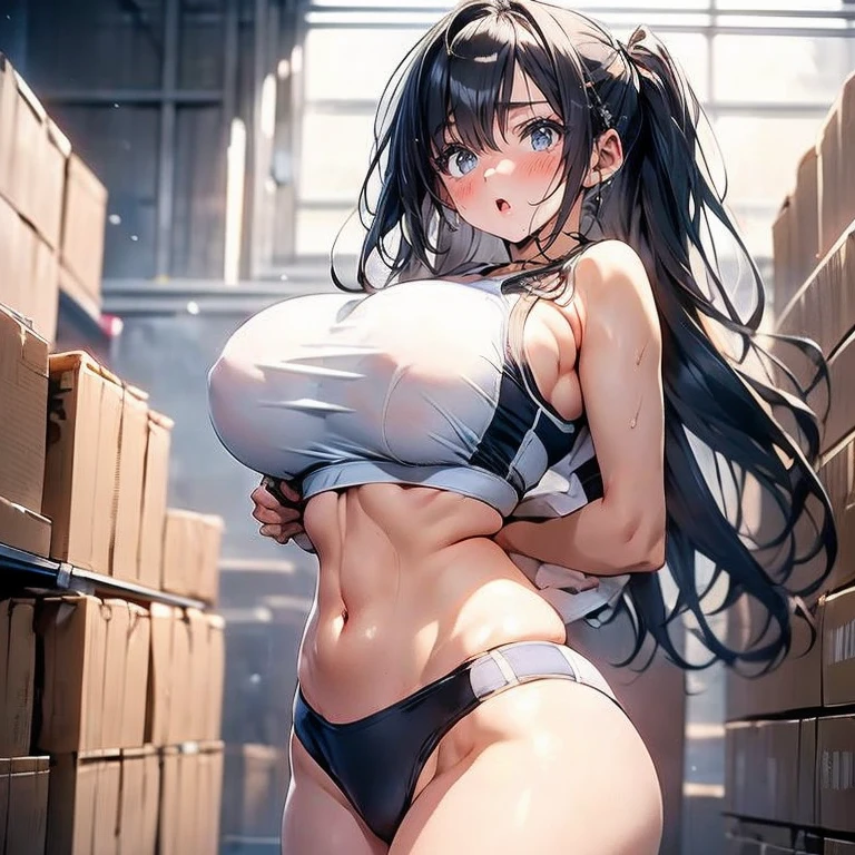 Anime Kawaii sexy Perfect Slim sensual body large breast and huge thighs, An intricate and highly detailed illustration of anime (Young girl) One with black hair, blue eyed high school girl in track uniform resembling a white sports bra and black panties, wide-eyed in surprise and screaming in the warehouse, hypdertailed, blushful
