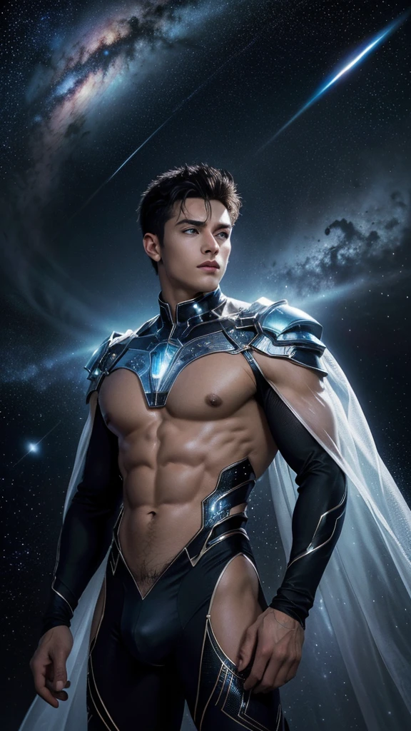 (masterpiece, high resolution, detailed:1.3), a mesmerizing depiction of a (strikingly handsome young man:1.2) donning (wearing transparent see-through futuristic clothes, bulge:1.2), LED internal lighting, cyberpunk style, fibre optic hair, glowing blue iris, muscular, standing against the backdrop of the vast and mysterious cosmos, breathtaking grandeur, best quality, masterpiece, His (toned physique:1.5) is bathed in the soft glow of distant stars, creating an otherworldly aura. As he gazes out into the depths of space, his (intense blue eyes:1.2) reflect the wonder and curiosity of his cosmic journey. The intricate details of his attire and the (subtle gleam:1.2) on his skin are meticulously captured, lending an air of realism to the scene. The celestial expanse behind him is a tapestry of (nebulous formations:1.2), (dazzling galaxies:1.2), and (shooting stars:1.2), a breathtaking testament to the beauty of the universe. This artwork melds the allure of a beautiful man with the awe-inspiring vastness of space, evoking a sense of both intimacy and grandeur.