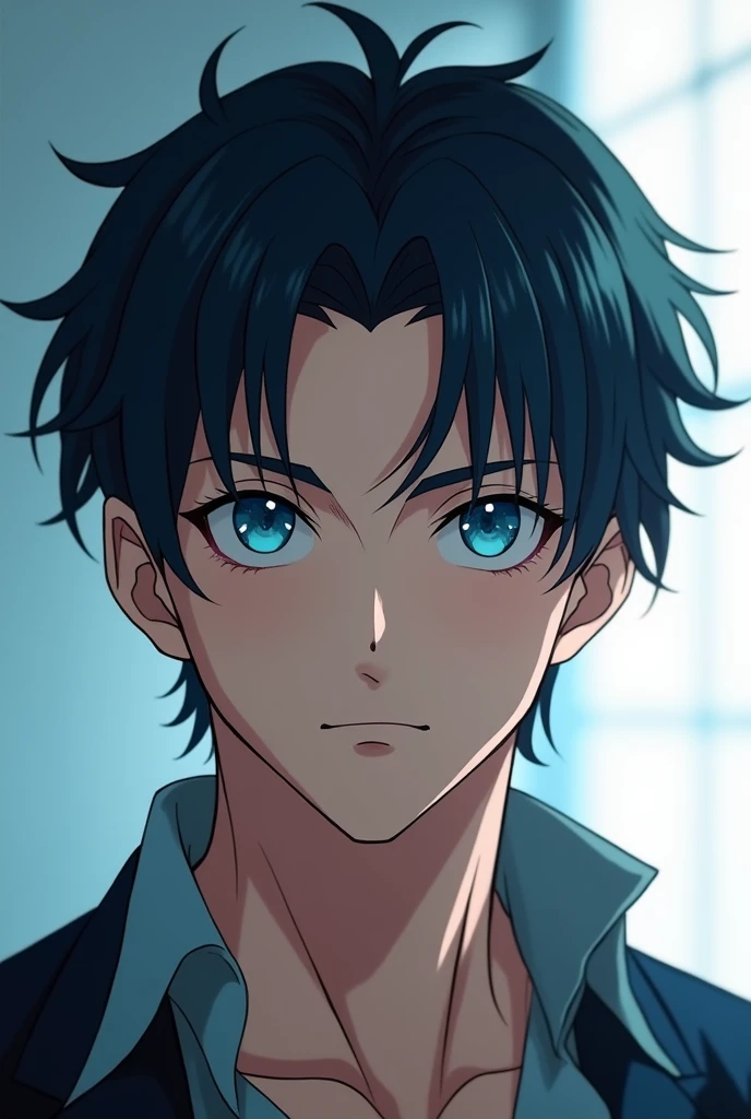 A handsome anime man with dark hair and ocean eyes