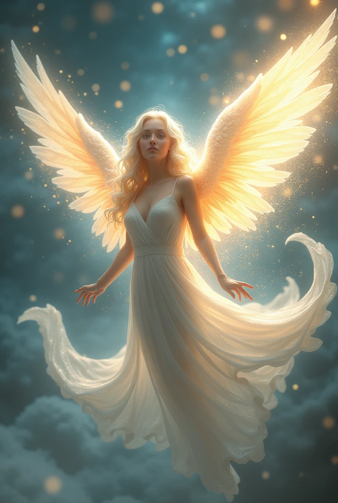 In a celestial dream world, a majestic, ethereal angelic being floats among wisps of glowing stardust, their shimmering wings unfurled in a graceful arc. This exquisite concept art captures the essence of divine serenity, portrayed in a stunning digital painting. The celestial figure emanates a radiant glow, with intricate details and delicate features that speak of otherworldly beauty. The image is a masterpiece of luminous elegance, inviting viewers to contemplate the transcendent realm of the heavens.