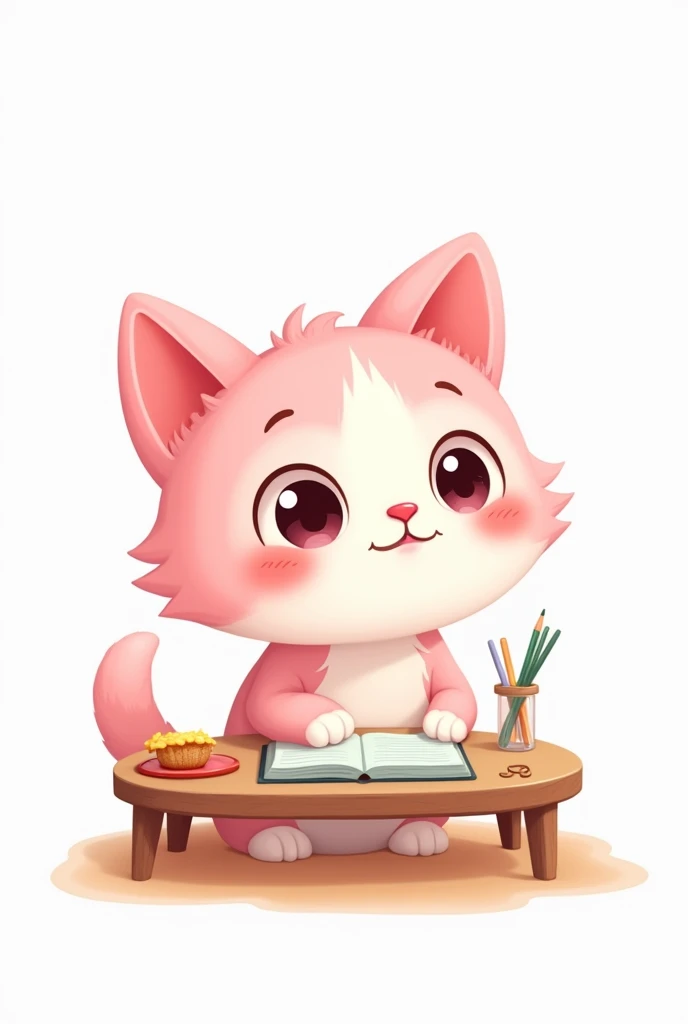 Pink and white cutout cartoon kitten studying in preschool with white background