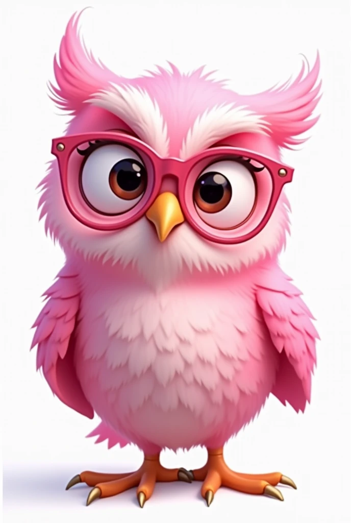 A pink Disney Pixar style owl that looks like a cartoon, with pink glasses, teacher style,intelligent, png