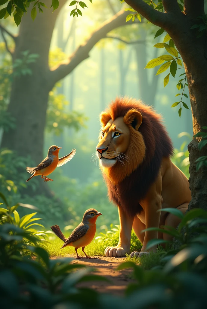 A clever and cheerful sparrow flying towards the sad lion, with a concerned look on the sparrow's face, while the lion sits quietly in the jungle.