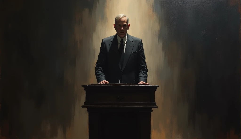 esquete, um alto-falante, A man in a suit stands in front of hundreds of people, levando seu discurso com microfone, Standing, Camera on the left side, au natural |, pastel hues, olhos realistas detalhados, muito bonito, Beautiful