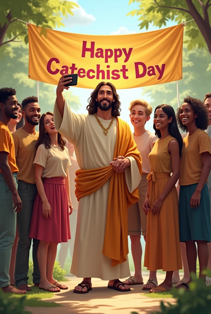 Jesus taking a selfie with a group of young people with a banner of Happy Catechist Day