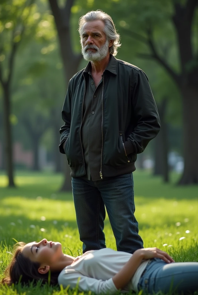 Cristopher Meloni with gray hair alone in a park with a girl layed on the grass