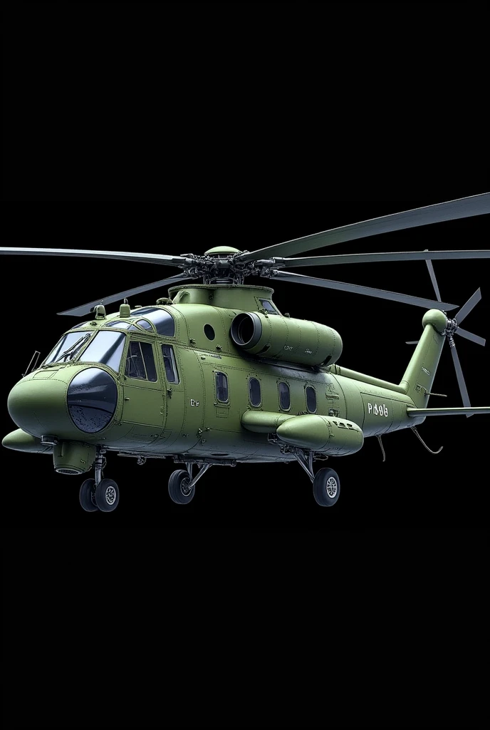 make an illustration of a super puma helicopter, green color found on land, faithful to the original French model, Expand the image and give it a black background 