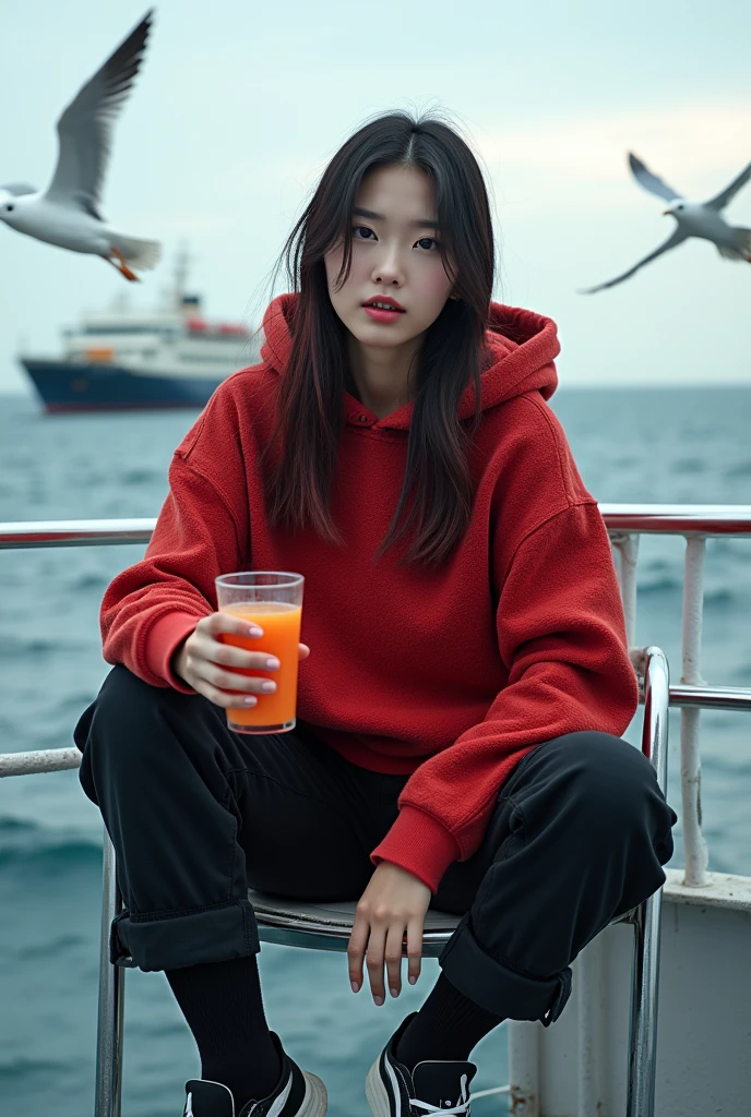 Beautiful white-skinned Korean woman, straight black and red hair, wearing a red knit hoodie, black cargo pants, sneakers, sitting on a ship chair holding juice, near the ship deck, seagulls flying, in the background a large ship is sailing on the sea, the water wavy blue. The sea is blue. , real photo, photo studio, realistic