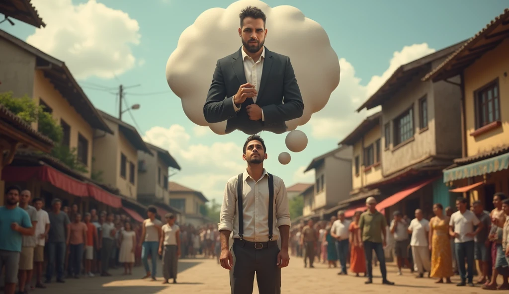 "A young man from a village is shown standing in the middle of a village square, surrounded by people who are laughing and making fun of him. Above his head, in a thought bubble or circle, is an image of a successful businessman in a suit, working confidently in a modern office. The image should contrast his current situation with his ambitious dream."