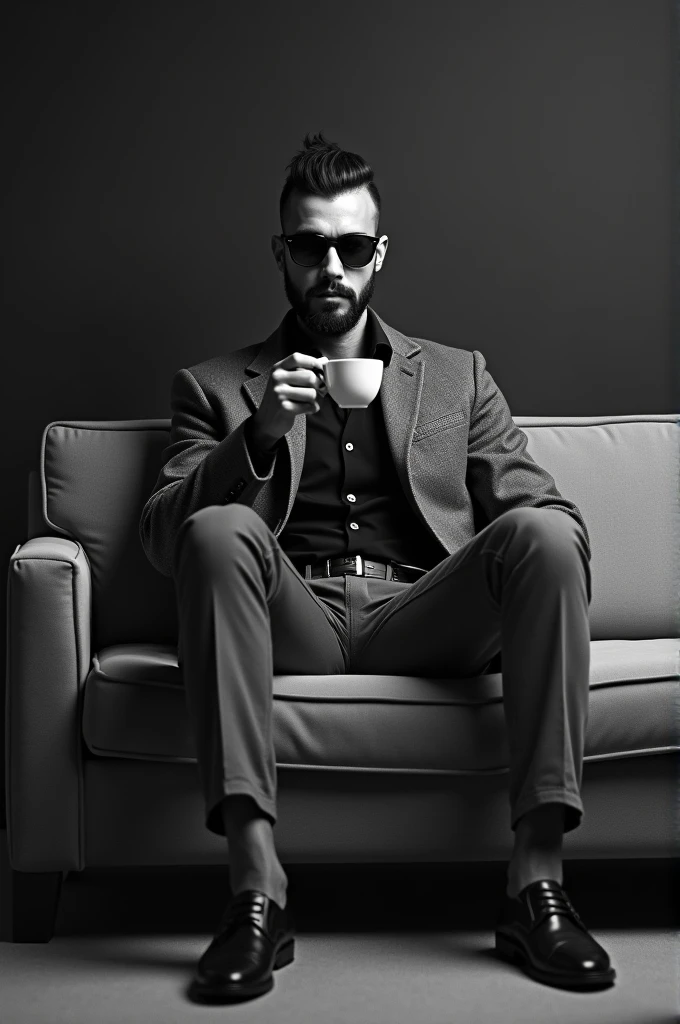 Make a black and white picture, in an empty room there was a handsome Indonesian man with a beard, wearing sunglasses with a German soldier haircut from World War II, he wears a gray suit, black shirt, gray pants, sitting on a luxurious sofa drinking tea. It can be seen that under his jacket is a magnum pistol..
