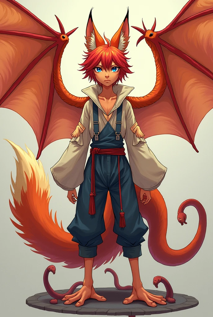 A slender and tall femboy with blue eyes with black squirrels and white pupils, red hair, orange fox ears on head, dragon wings on his back covered with orange fluff, a long dragon tail covered with orange fur with a red tassel at the end of the tail. Many tentacles. Tentacles crawl under clothes. In whore clothes. Anime style.