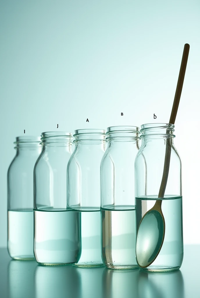  Four open-mouthed glass bottles, labeled A, B, C, and D, are arranged in a straight line.All the bottles has distinctly varying amounts of water.They are filled with clear, colorless water. A wooden spoon is being hit against the stem of each bottle, producing sound waves of different frequencies. The lighting is bright and refreshing, with shades of blue and green. The background is a neutral color, such as white or gray. The water inside the bottles must not slosh.