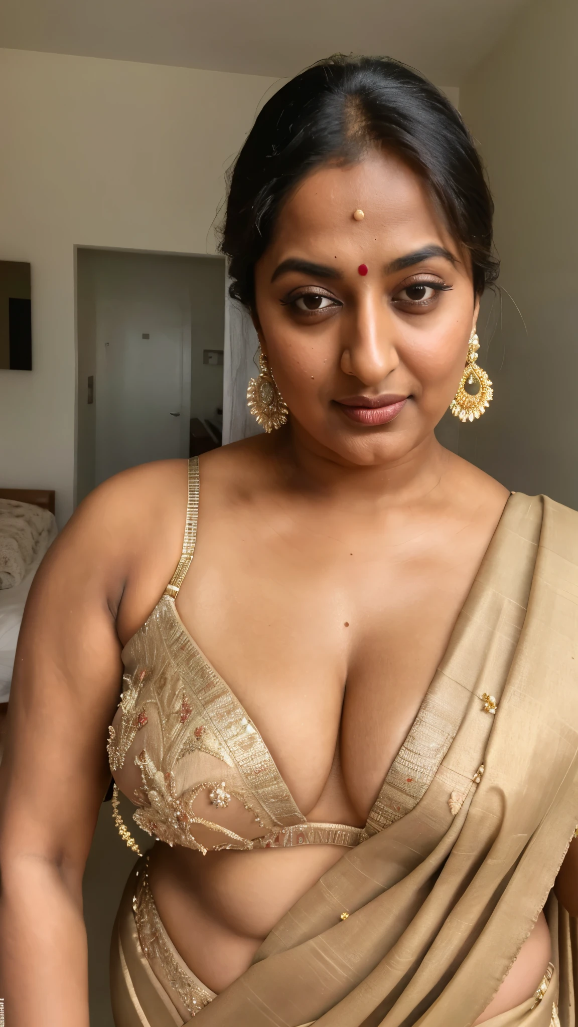 Foto RAW, photorealistic, stunning beauty, photography, full body shot, 60 years old Woman, mascara, eye kajal, juicy figure, master shot, perfect eyes, goddess like beauty, pierced eyes, perfect thick chubby mallu Desi aunty bhabhi, Wearing a Stanapatta, a chest-band.Saree model, model Photography, Indian saree shoot, Indian traditional wear advertising photography, traditional wear brand shoot, face of Indian actress Sonakshi Sinha, masterpiece, realistic, realism, incredible details,  pleasure, photorealism, detailed skin, skin pores, high contrast, photorealistic Artstation 8k HD digital art trend of high definition and detailed realistic skin texture, ultra detail, realistic skin texture, armature, best quality, ultra high definition, (photorealistic:1.4),, high resolution, detail, raw photo, sweat, Re sharp, by Lee Jefferies Nikon D850 Film Stock Photo 4 Kodak Portra 400 Camera F1.6 Lens Rich Color Ultra Real Realistic Realistic Textures Dramatic Lighting Unreal Engine Trending at Art Station Cinestill 800,(pele altamente detalhada: 1.2), 8k UHD, DSLR, soft-lighting, alta qualidade, grain of film, Fujifilm XT3,she didn't like to wear blouse or bra, she is happy to wear only saree, she hates blouse or bra, highly detailed hairy armpits, hyper realistic skin, skin pores, sweat, veins, stubble armpits, erotic temptation, appealing figure, appealing body language, fleshy arms, horny desi indian mommy, she wants to dominate young boys by showing her tempting figure, irresistibly hot, armpits hair clearly visible, freckles 0.2, stretchmarks 0.2, Sexy mature woman's with slightly wrinkled skin, hyper real skin texture, subtly detailed, astounding details, veins in the body, detailed rough mature skin, mole on breast, Indian ethnicity, sexy navel folds, curvy, deep juicy navel, moody tones, smokin' hot mature Indian aunty, 