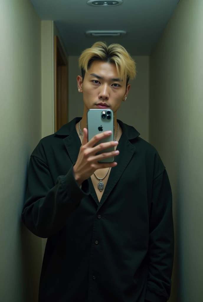 Korean idol-style handsome guy、Dark-colored loungewear、Blonde-ish mash、selfie with mirror、Look at your smartphone、narrow washroom、iPhone15、necklace、His face is covered by his smartphone、Low image quality