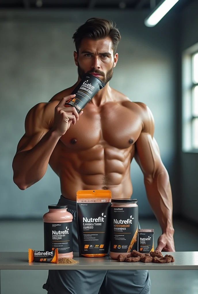 generates an image of an athlete consuming products from the nutrefit brand ( healthy shakes and nutrition bars )( that it is striking and with an image that draws attention and that is realistic )