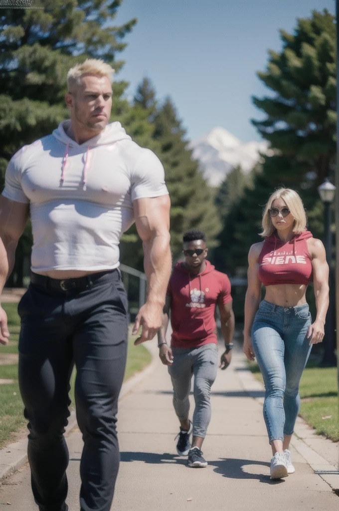 coloured sketch, beautiful woman, blonde stylish haircut, extremely tanned, wearing hoodie, long baggy pants, strong well defined muscle, bulky powerful bodybuilder physique, muscular arms, perfect and flawless musculature, great muscle definition, perfect muscular body, massive muscular thighs, perfect round fake breasts, walking at the park