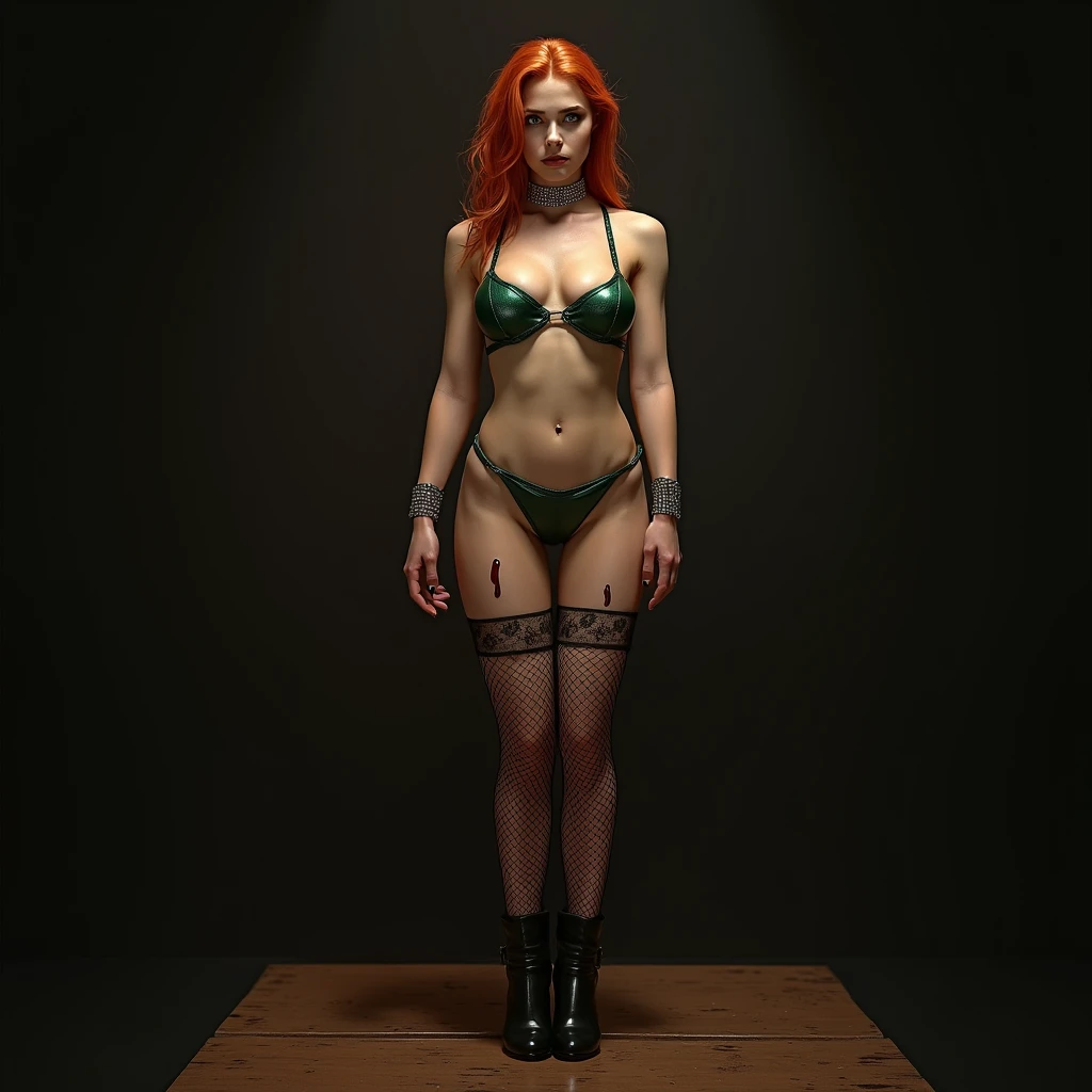 beautiful young redhead woman,oiled, make up, wearing a skimpy shiny grwwn bikini, fishnet leggings, high heel boots,silver choker, standing on an auction block, looking sad