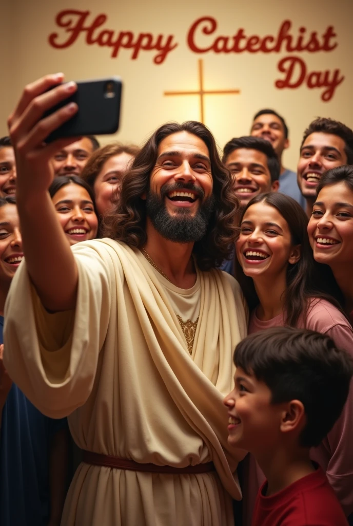 Jesus taking a selfie with a group of young people with a banner of Happy Catechist Day in Spanish