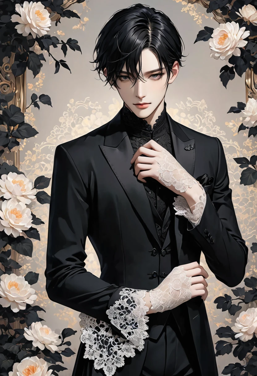 Elegant pale man, black clothes, lace on hands, black hair Man