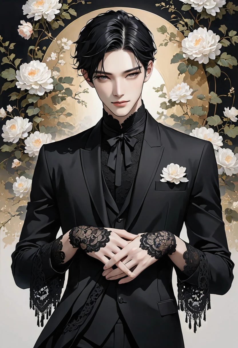 Elegant pale man, black clothes, lace on hands, black hair Man 