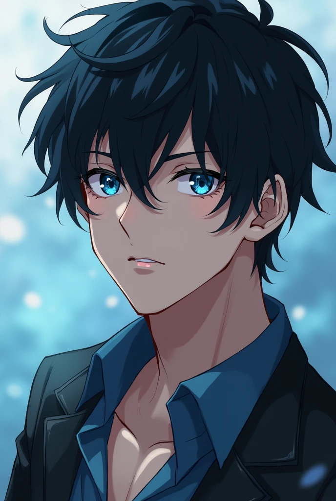 A handsome anime man with dark hair and ocean eyes