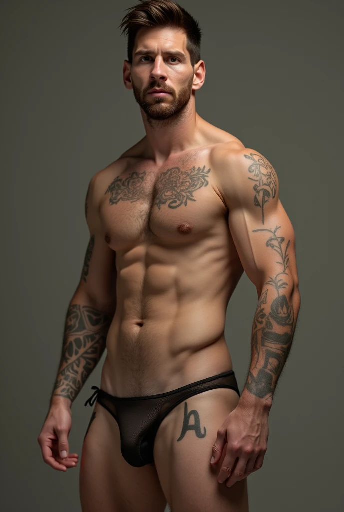Messi with a trikini or a string and bra that looks homosexual, that he be skinny without tattoos and with a slightly big belly