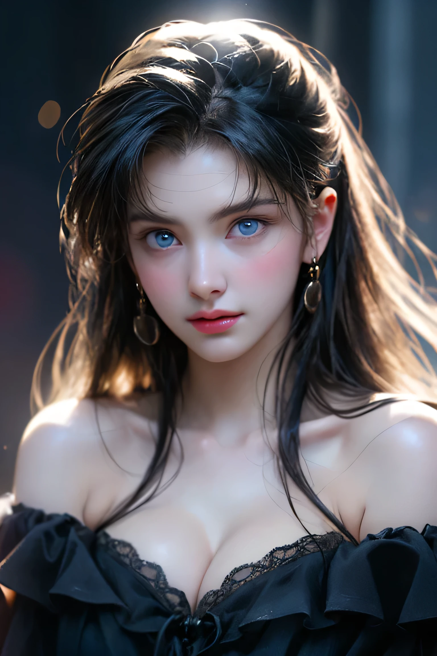 (Girl in a semi-transparent off-shoulder black dress)、、(フォトRealistic:1.4)、(ハイパーRealistic:1.4)、(Realistic:1.3)、(Smooth Lighting:1.05)、(Improving the quality of cinema lighting:0.9)、.32K、One person、20 years old、Realistic Lighting、BackLight、Face Light、Light、(Bright light:1.2)、(Image Quality Enhancement:1.4)、(Realistic skin texture of the highest quality:1.4)、Detailed drawn eyes、Face drawn in detail、（Big Blue Eyes)、Face close-up、A shirt that shows a large cleavage、(Accentuates body lines:1.1)、(Beautiful and smooth skin:1.1)