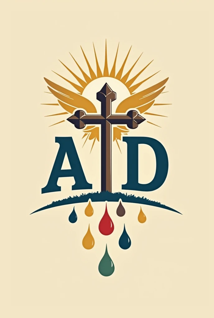 I want a capital A and a D in italics that should stand out Blue color with a golden angel halo In the background a cross made up of two nails from which runs a drop of yellow, a red and a green color, only one drop of each color And at the foot of the cross there is an 8-pointed white star Keep in mind that it is for a logo of a youth community of a church and the background should be light brown